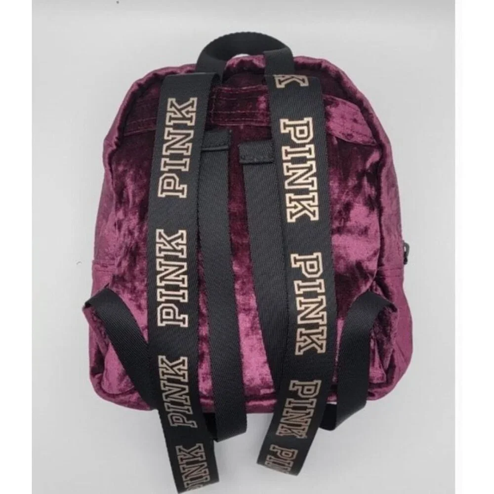 Victoria’s Secret PINK Burgundy Crushed Velvet Mini Backpack | Logo Straps | Zip - Picture 7 of 9